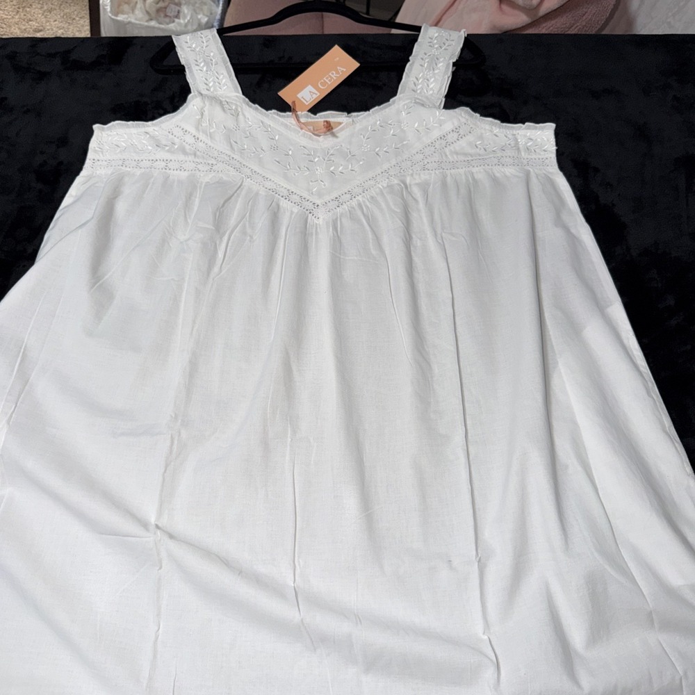 La Cera Cottagecore Embroidered Beaded White Cotton Nightgown Sz XL Prairie